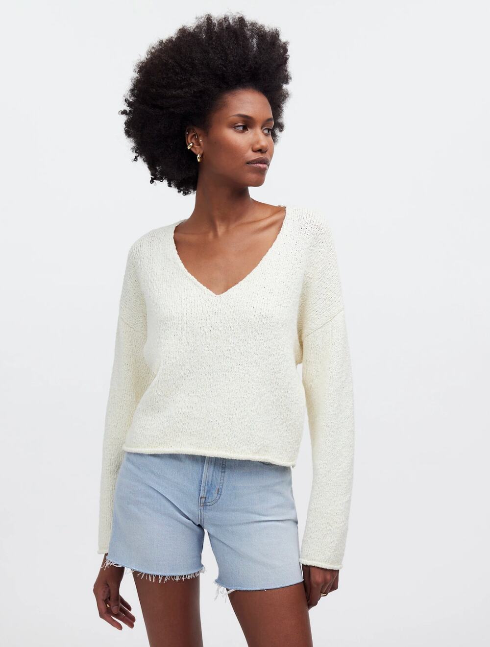 NEW Madewell Deep V Boxy Sweater Bright Ivory Cotton Textured Relaxed XXS